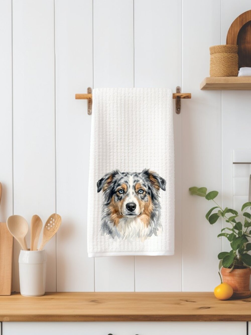 Merle Australian Shepherd Dog Waffle Weave Decorative Kitchen Tea Towel